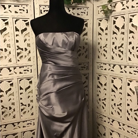 DAVIDS BRIDAL BEAUTIFUL PLATINUM SILVER STRAPLESS LONG FORMAL PROM DRESS GOWN - Picture 2 of 11